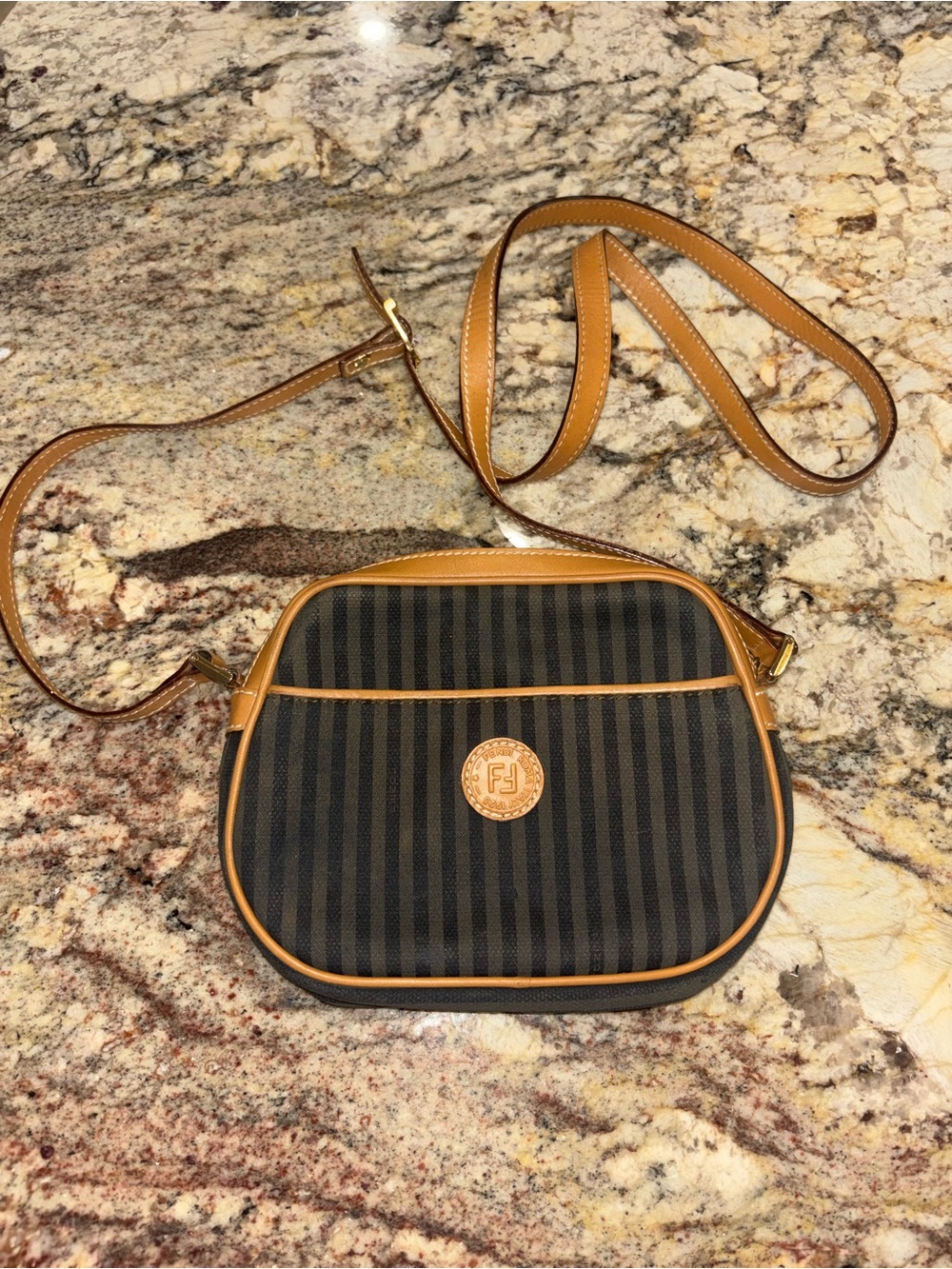 Fendi Striped Crossbody Bag in Brown and Tan Leather - Picture 2 of 10